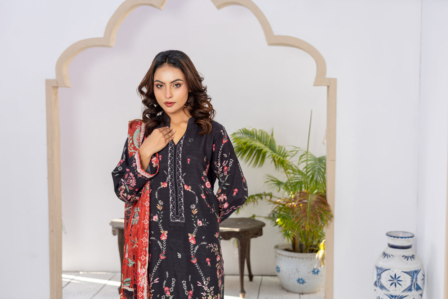 Black & Pink Silk Printed Stitched 3 Piece Suit – Midnight Rose