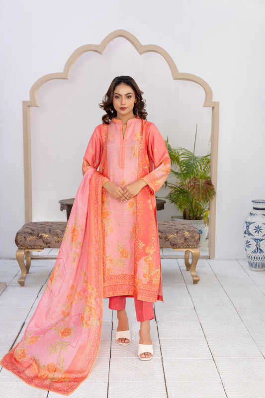 Orange & Golden Raw Silk Printed Stitched 3 Piece Suit – Peach Paradise