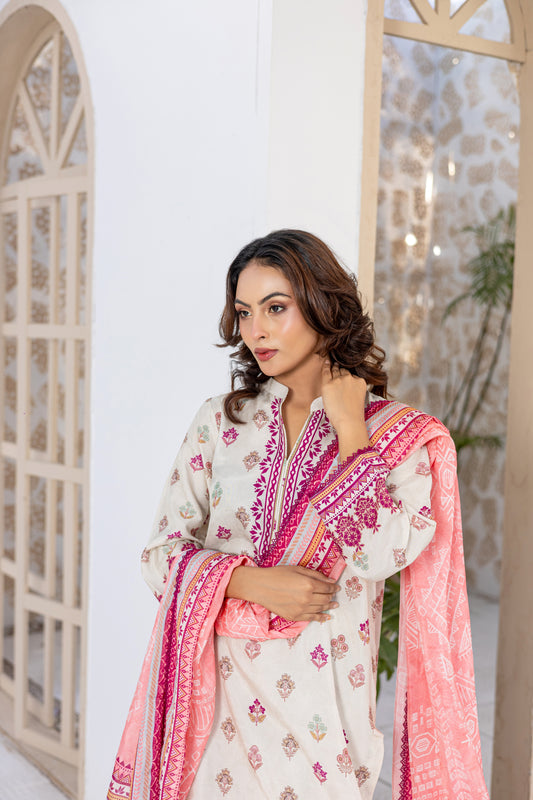 Pink & White Raw Silk Printed Stitched 3 Piece Suit – Rosewood Garden