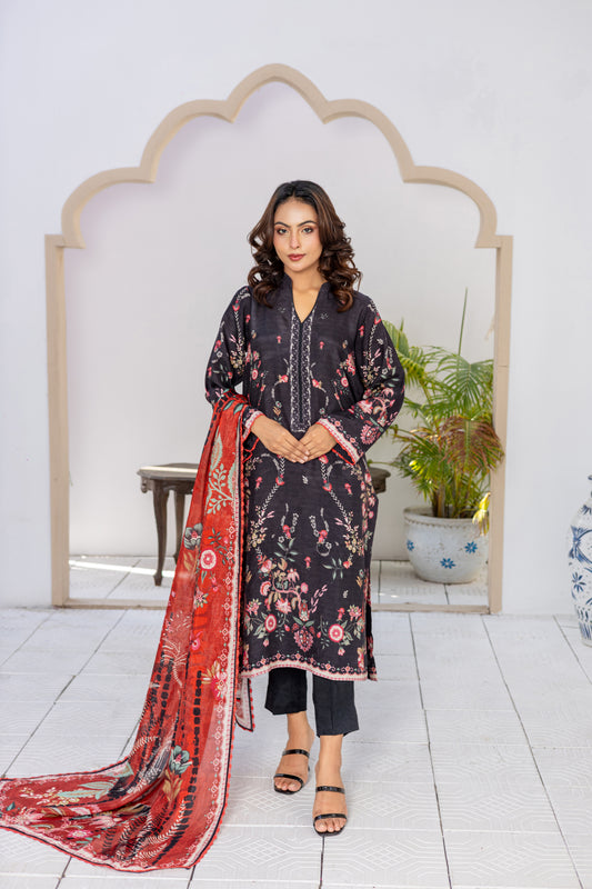 Black & Pink Silk Printed Stitched 3 Piece Suit – Midnight Rose
