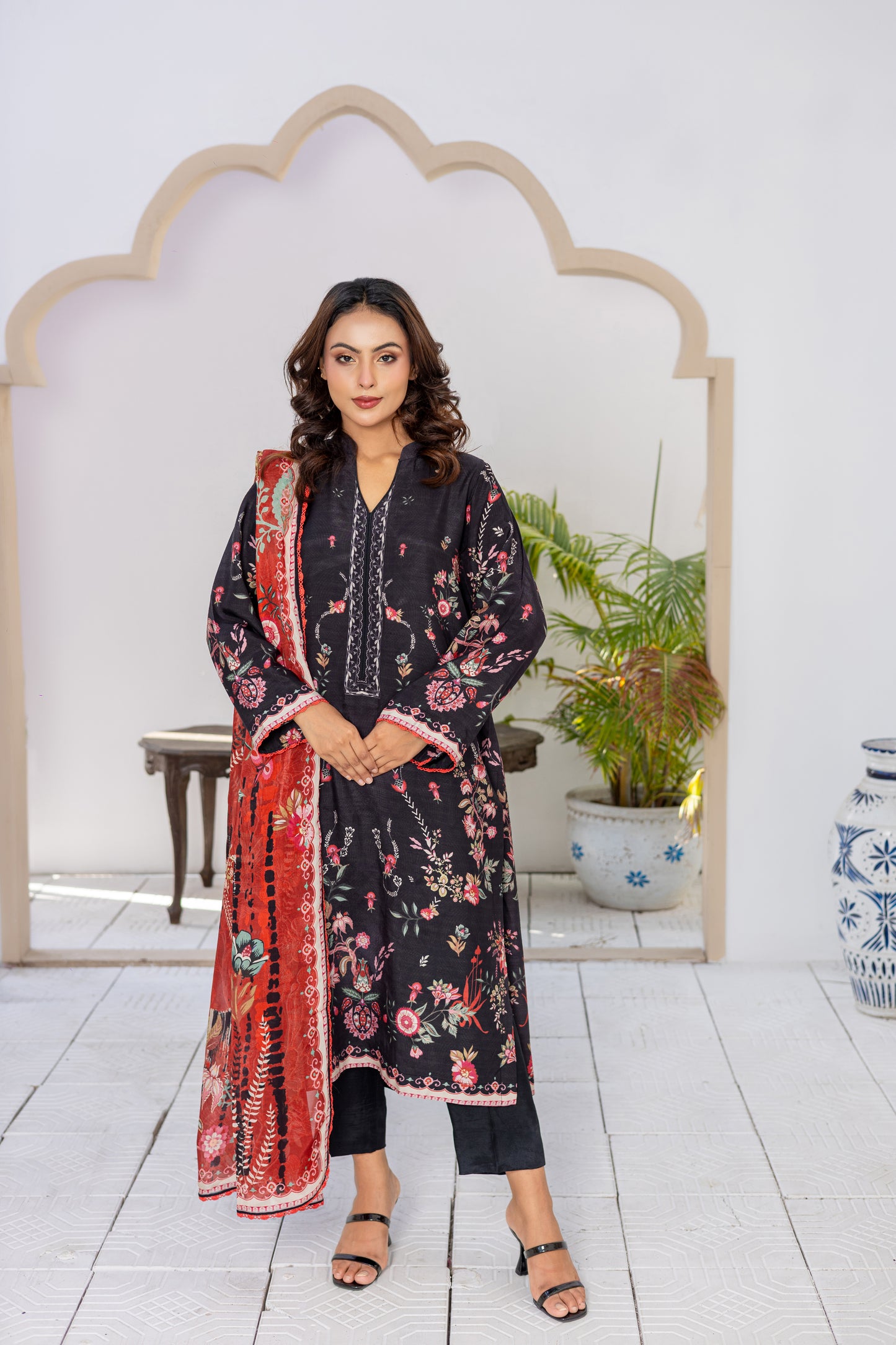 Black & Pink Silk Printed Stitched 3 Piece Suit – Midnight Rose