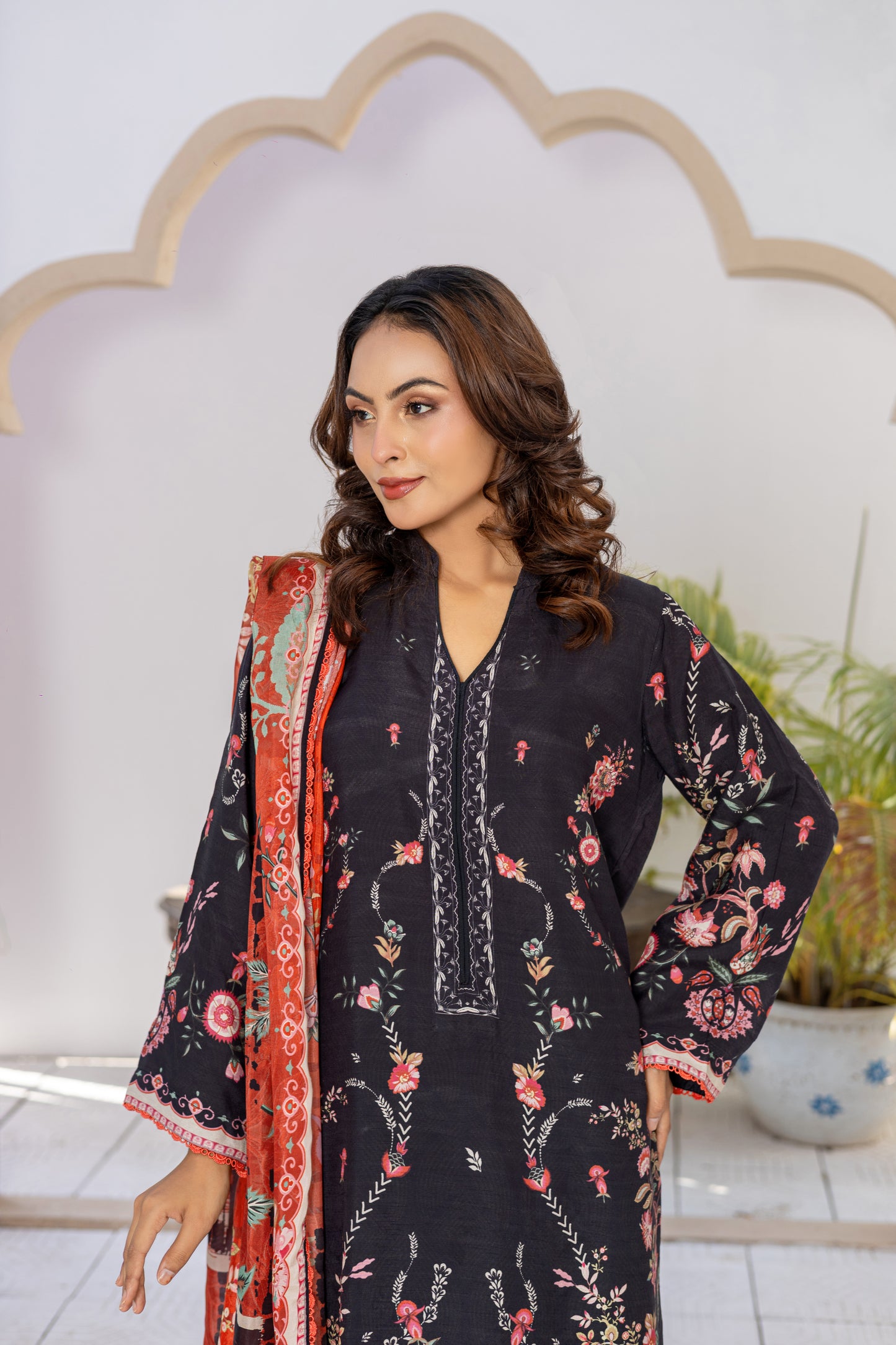Black & Pink Silk Printed Stitched 3 Piece Suit – Midnight Rose