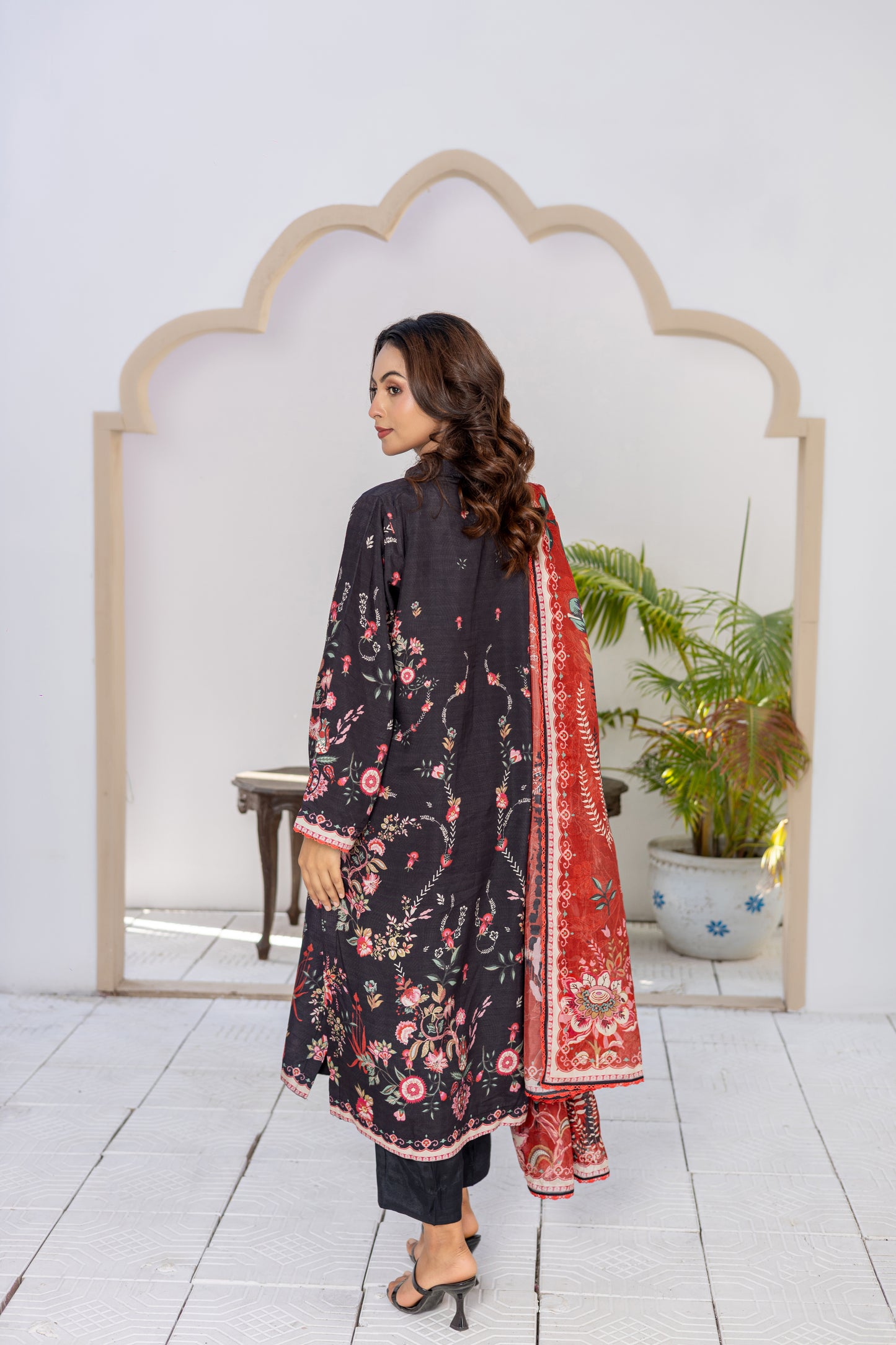 Black & Pink Silk Printed Stitched 3 Piece Suit – Midnight Rose