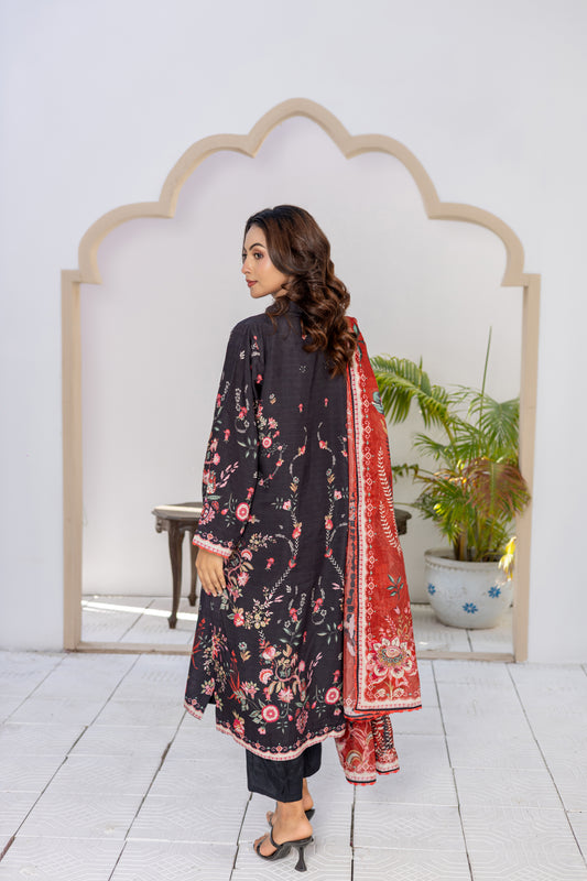 Black & Pink Silk Printed Stitched 3 Piece Suit – Midnight Rose