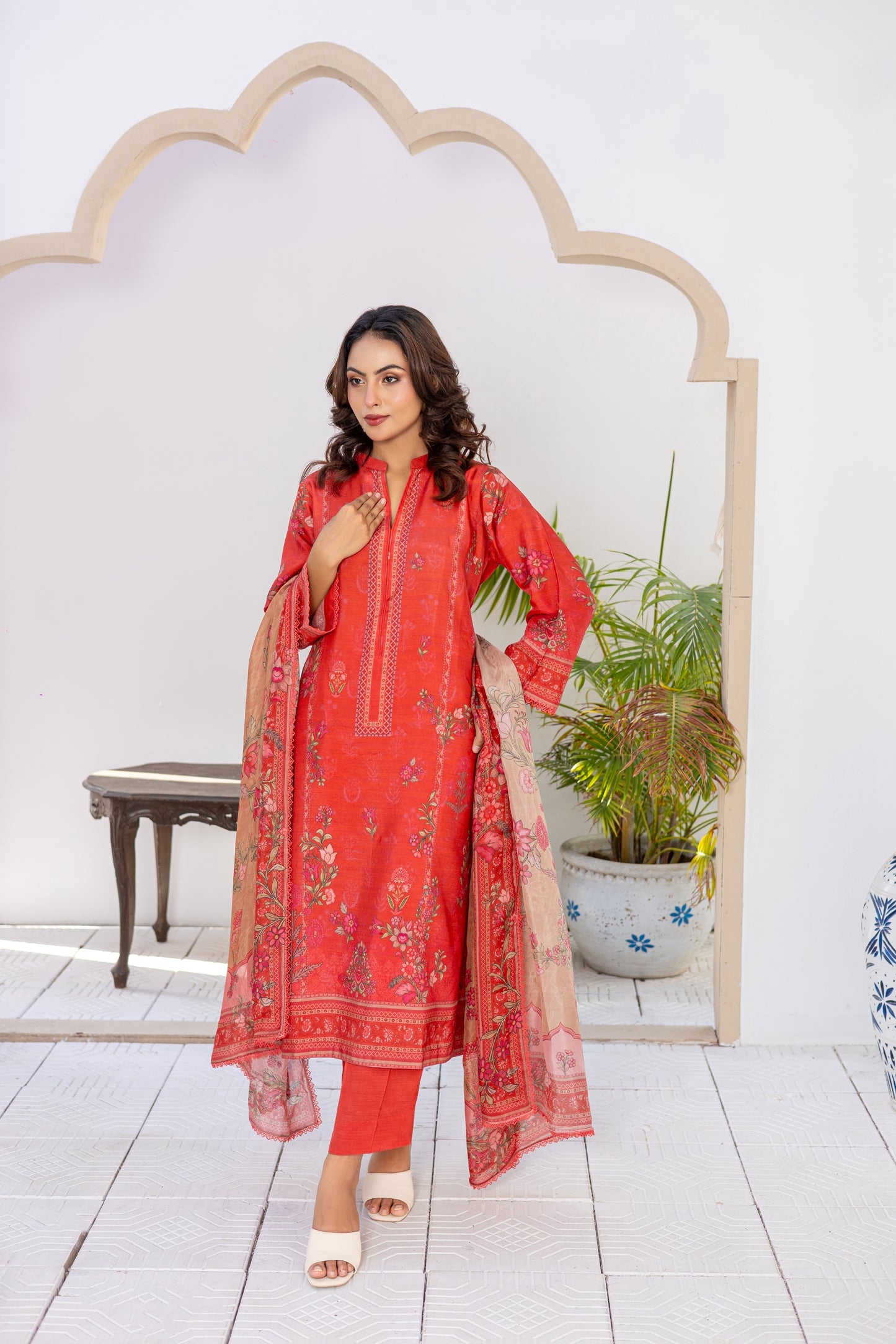 Coral Red Raw Silk Stitched 3 Piece Suit – Coral Sunset