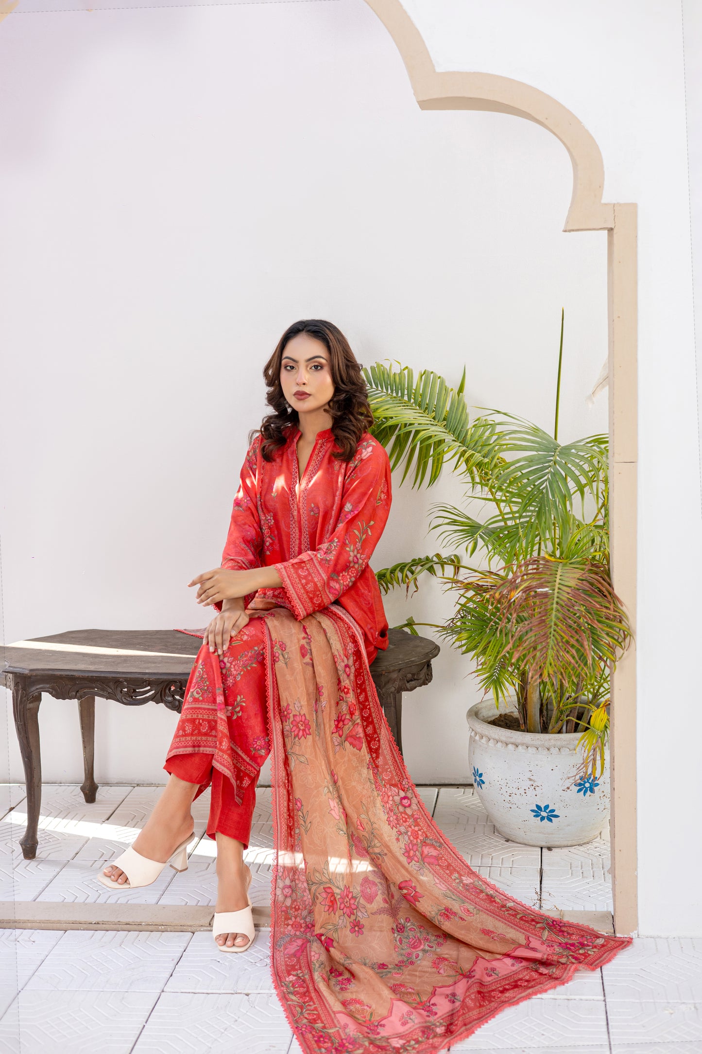 Coral Red Raw Silk Stitched 3 Piece Suit – Coral Sunset