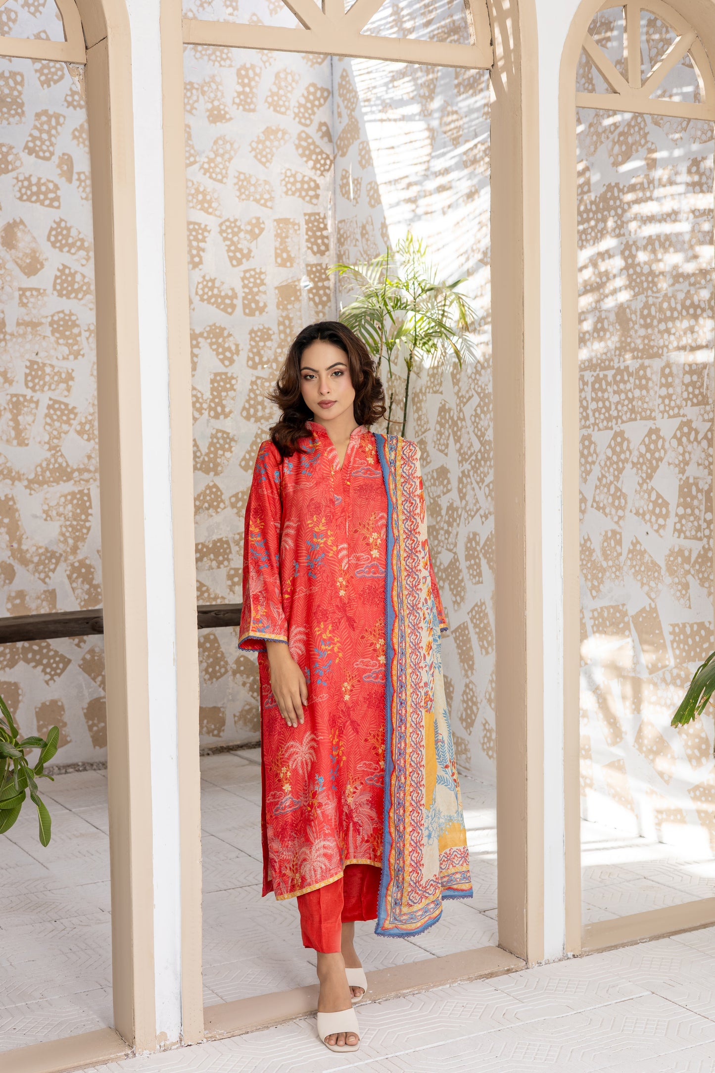 Coral Silk Textured Printed Stitched 3 Piece Suit – Coral Wave