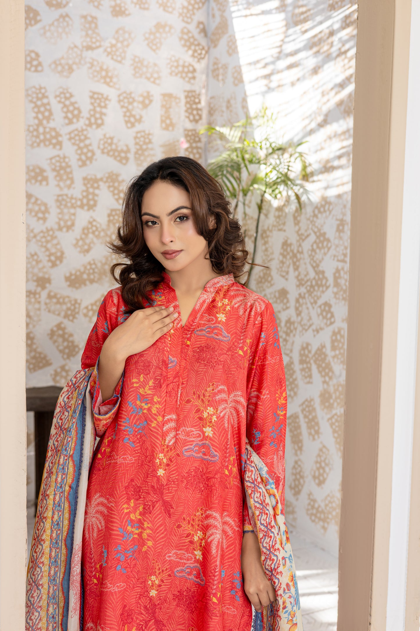 Coral Silk Textured Printed Stitched 3 Piece Suit – Coral Wave