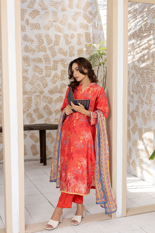 Coral Silk Textured Printed Stitched 3 Piece Suit – Coral Wave
