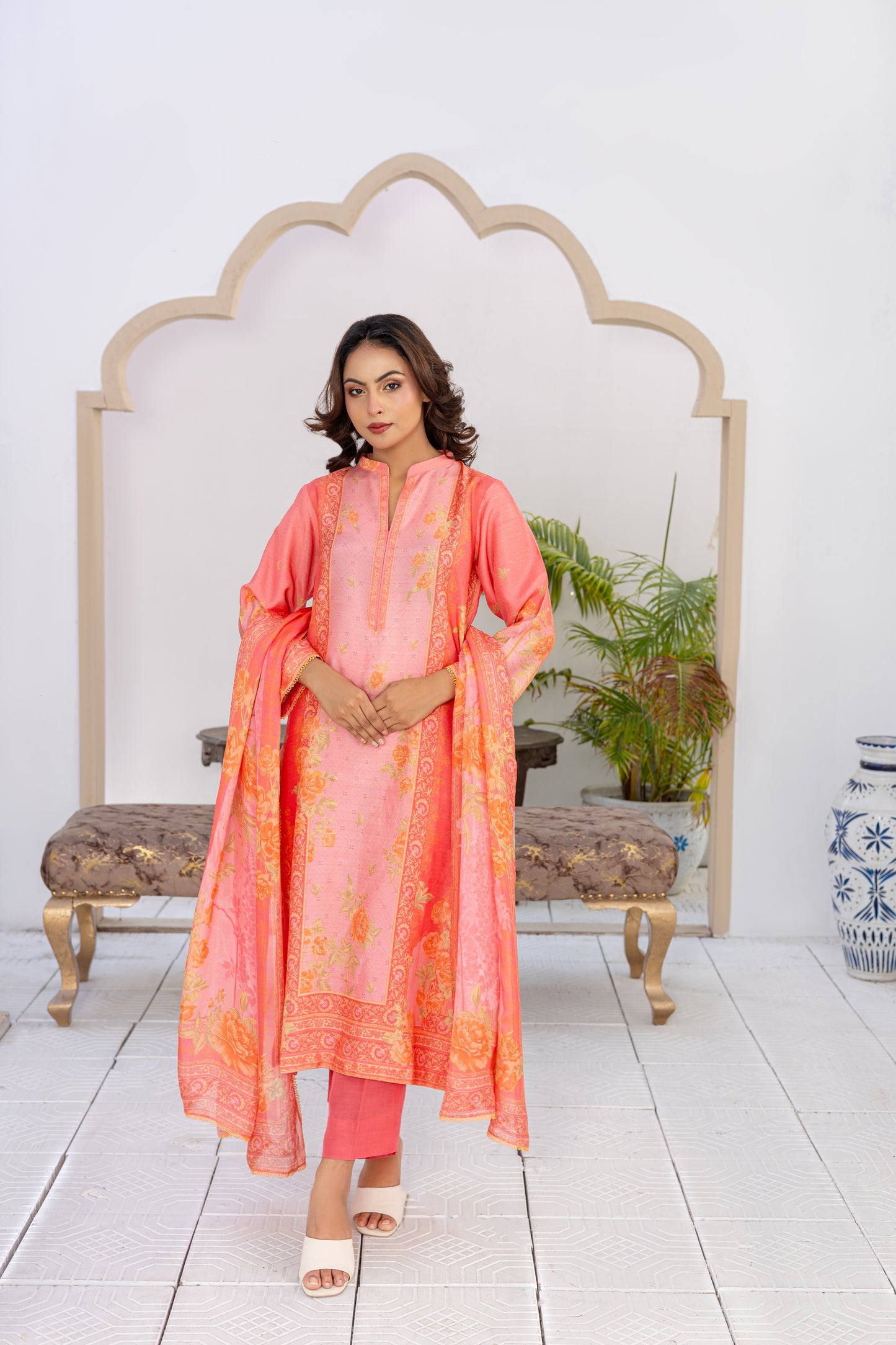 Orange & Golden Raw Silk Printed Stitched 3 Piece Suit – Peach Paradise