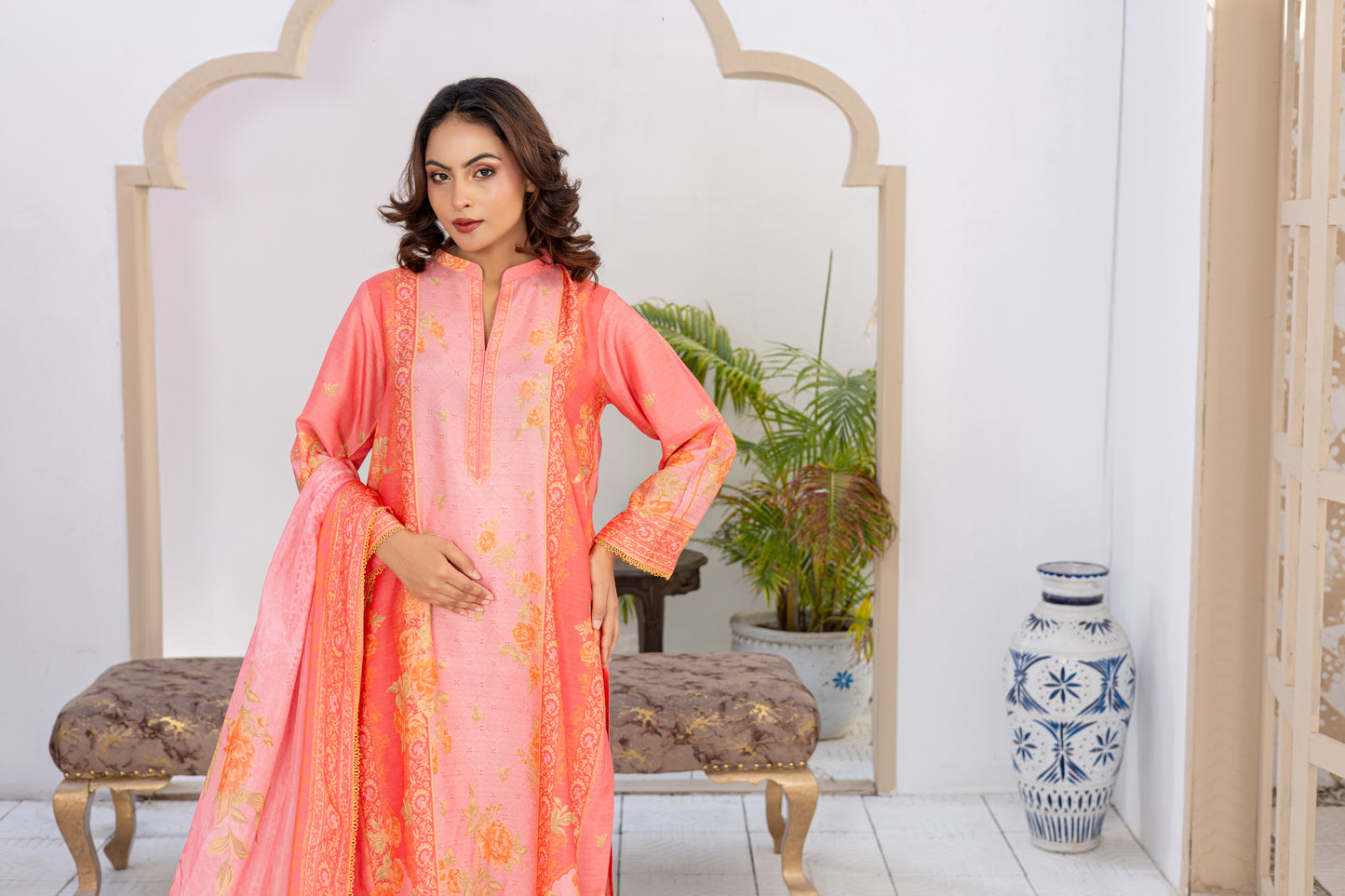 Orange & Golden Raw Silk Printed Stitched 3 Piece Suit – Peach Paradise