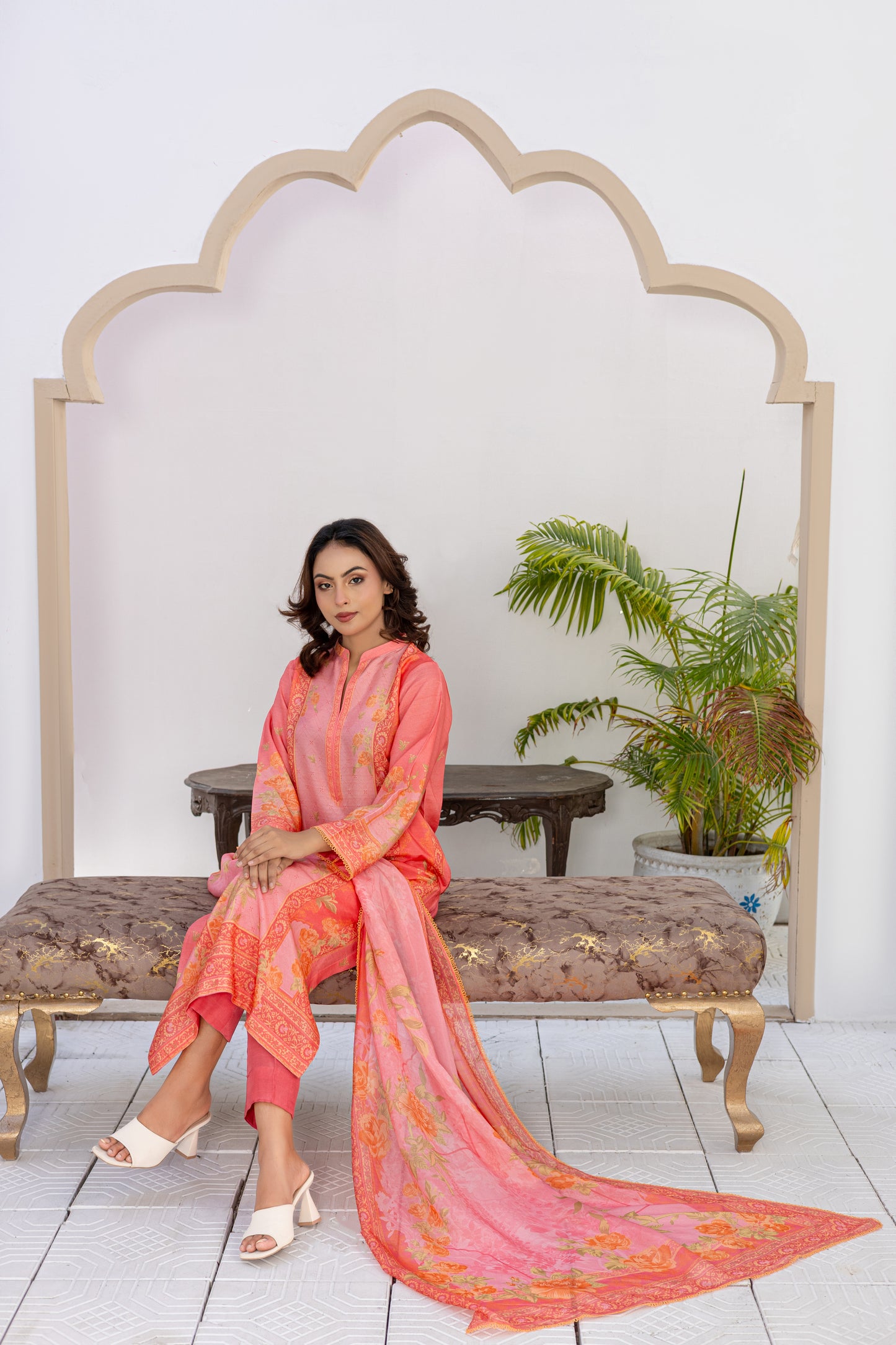 Orange & Golden Raw Silk Printed Stitched 3 Piece Suit – Peach Paradise