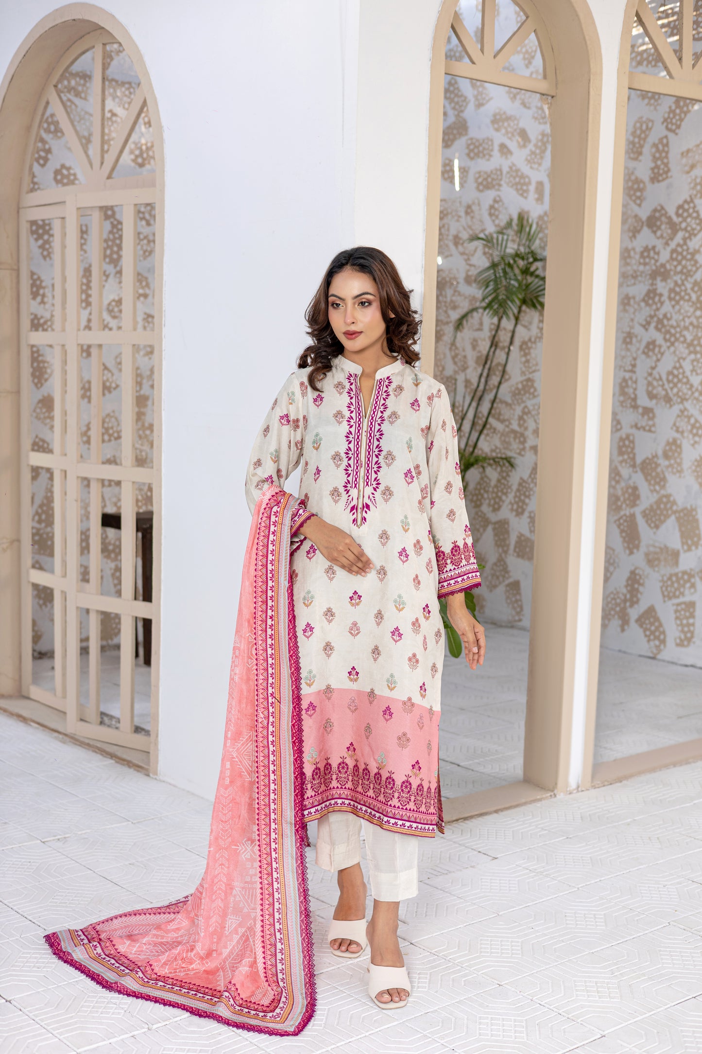 Pink & White Raw Silk Printed Stitched 3 Piece Suit – Rosewood Garden