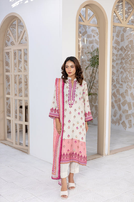 Pink & White Raw Silk Printed Stitched 3 Piece Suit – Rosewood Garden
