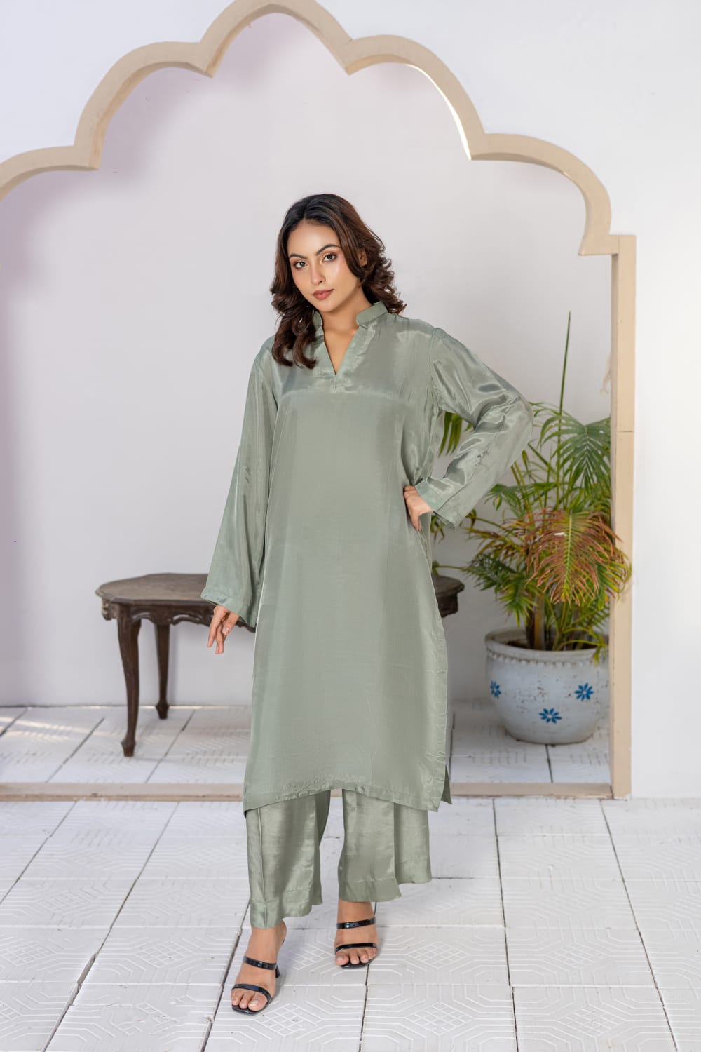 Premium Russian 2 Piece Silk Sage Aura Co-ord Set