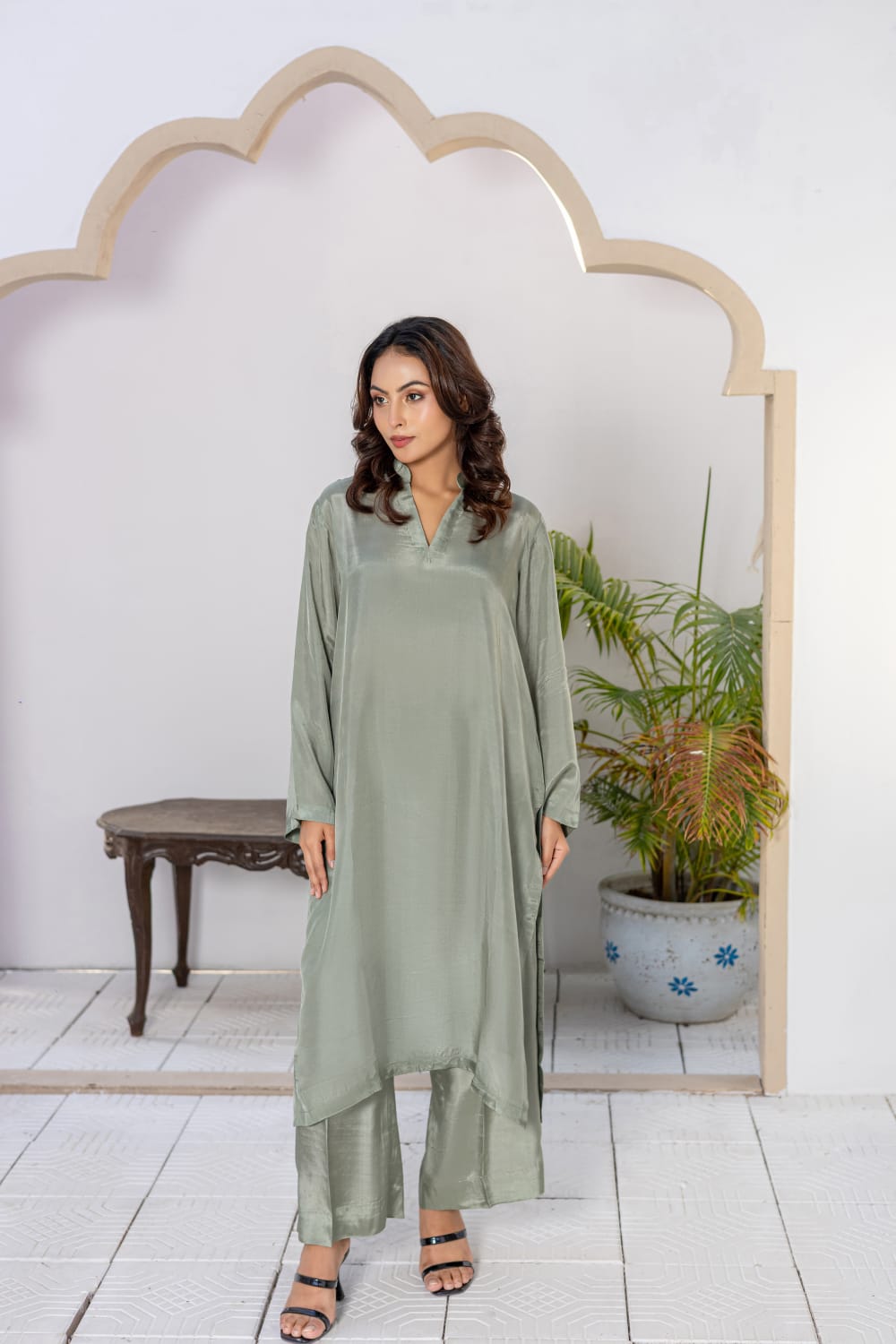 Premium Russian 2 Piece Silk Sage Aura Co-ord Set