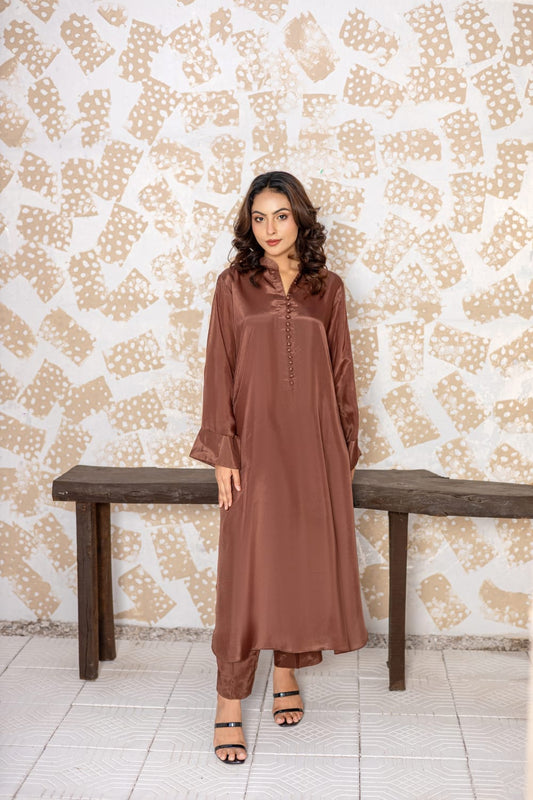 Premium Russian Silk 2 Piece Mocha Elegance Co-ord Set