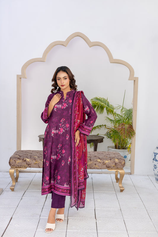 Purple Plum Silk Printed Stitched 3 Piece Suit – Plum Blossom