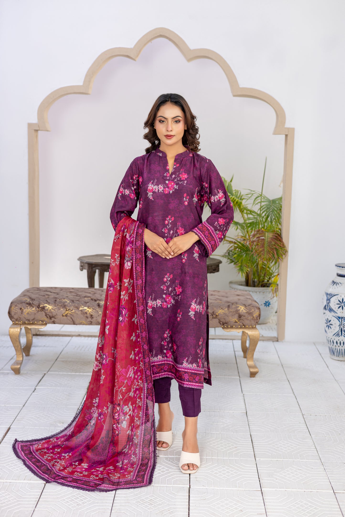 Purple Plum Silk Printed Stitched 3 Piece Suit – Plum Blossom