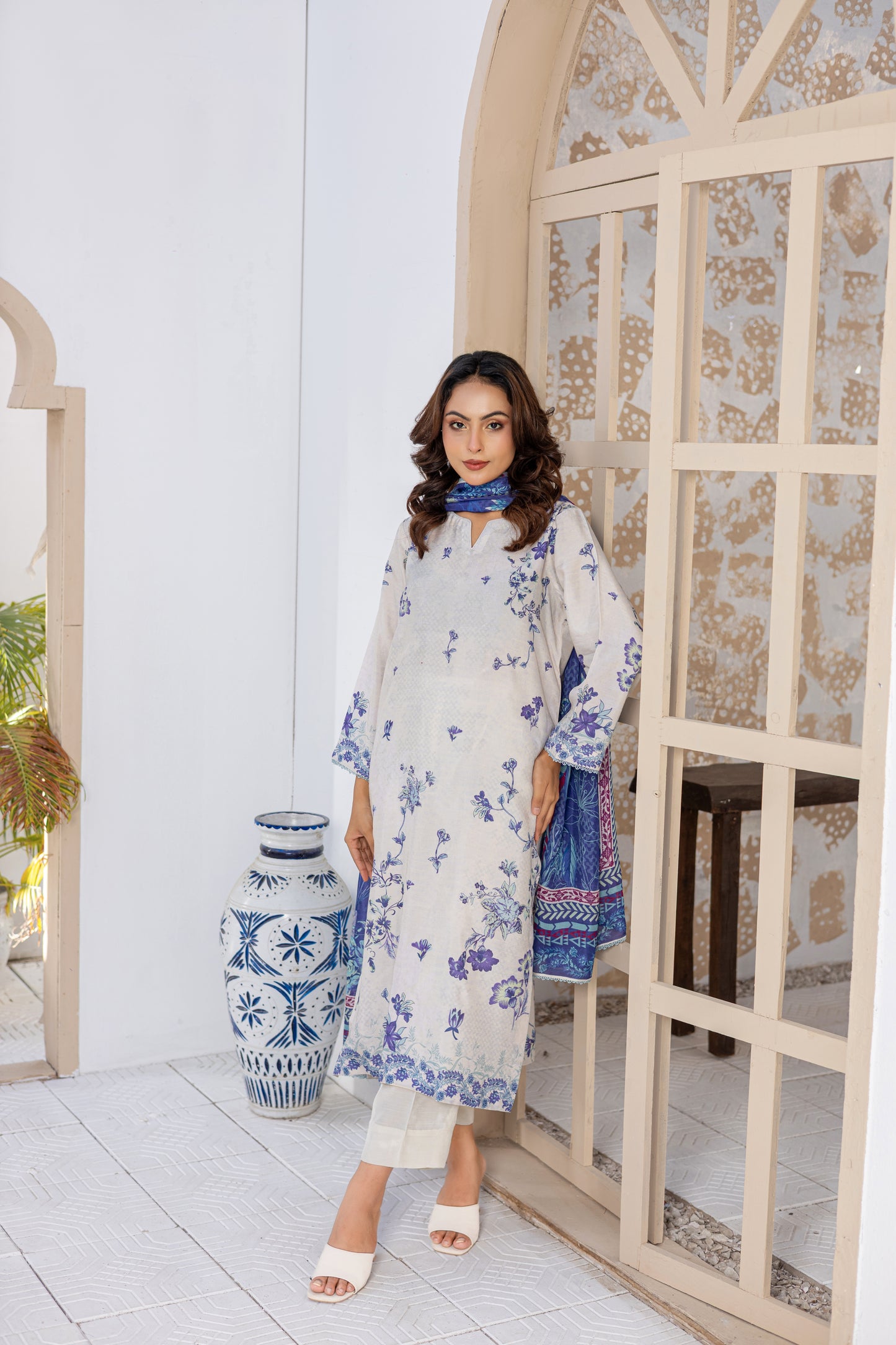White & Blue Raw Silk Floral Printed Stitched 3 Piece Suit – Azure Bloom