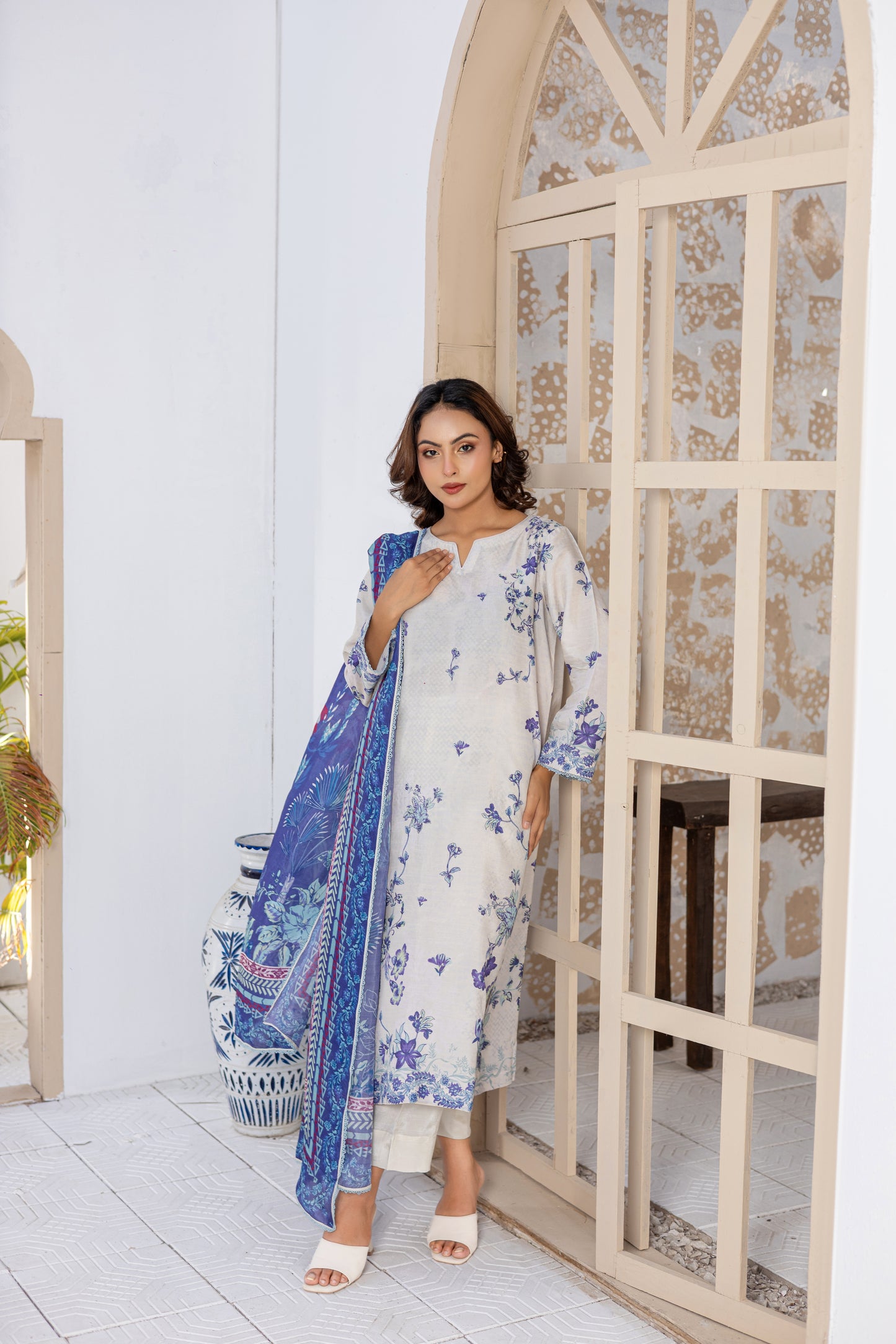 White & Blue Raw Silk Floral Printed Stitched 3 Piece Suit – Azure Bloom