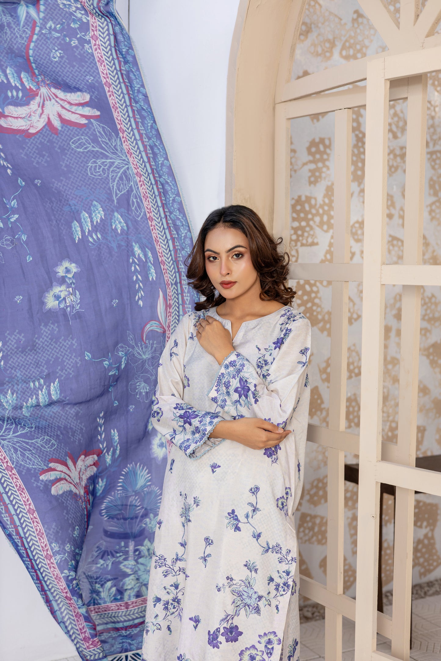 White & Blue Raw Silk Floral Printed Stitched 3 Piece Suit – Azure Bloom