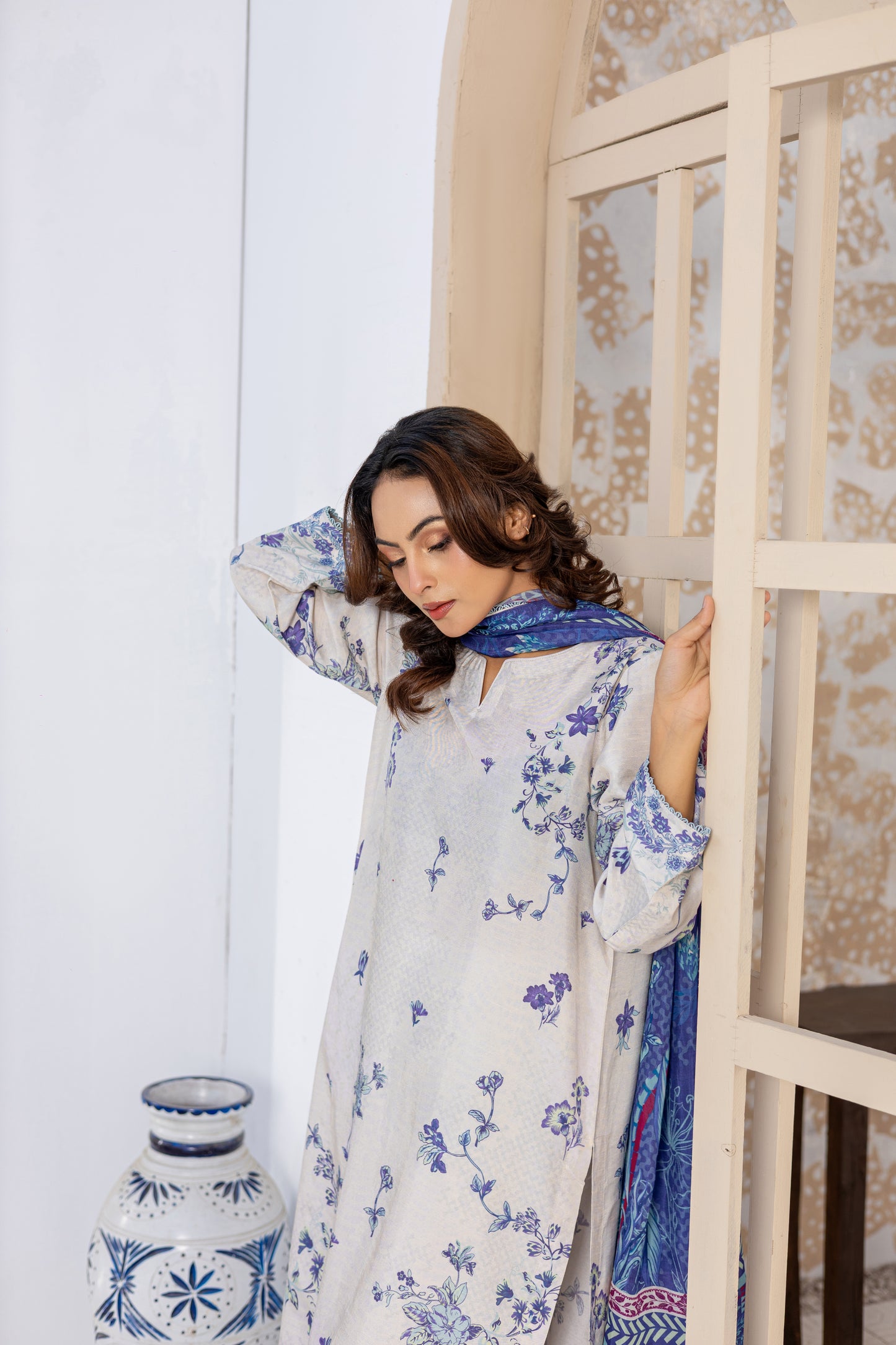 White & Blue Raw Silk Floral Printed Stitched 3 Piece Suit – Azure Bloom